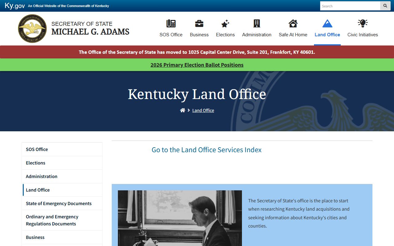 Kentucky Secretary of State Land Office homepage for deed records research