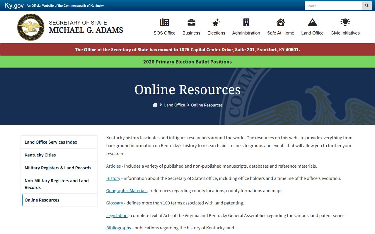 Kentucky Secretary of State online resources page for land records